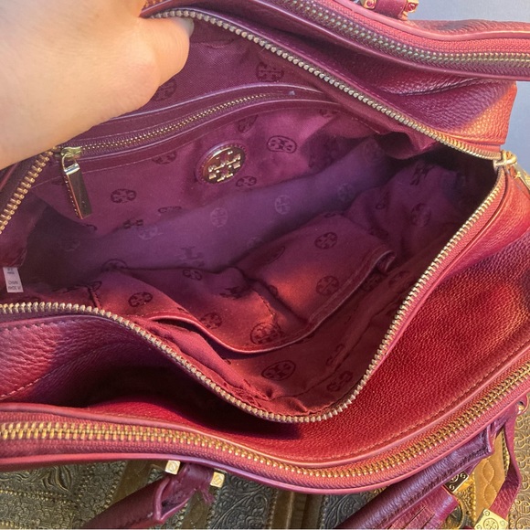 Tory Burch bag satchel leather handles spacious compartments burgundy red - Picture 8 of 16